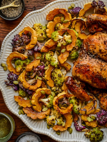 A colourful platter of Roasted Delicata Squash & Cauliflower.