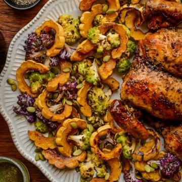 A colourful platter of Roasted Delicata Squash & Cauliflower.