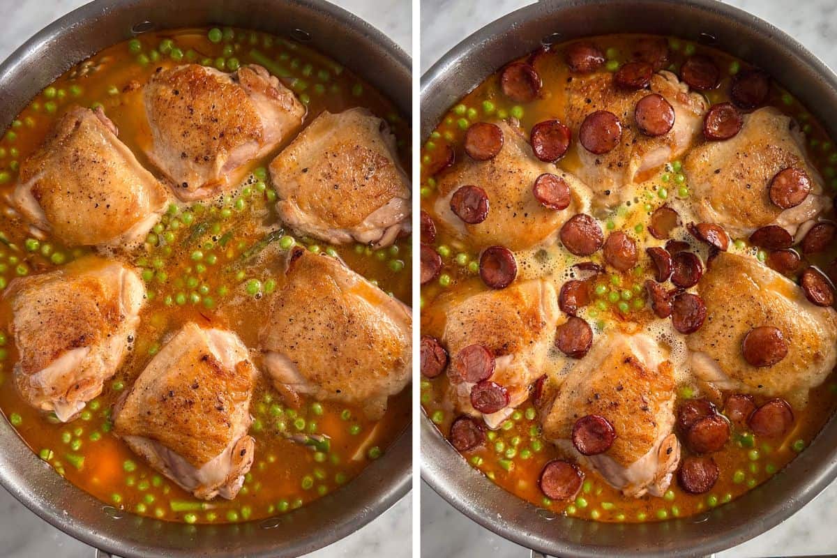 Nestle the chicken and chorizo into the paella mixta base.