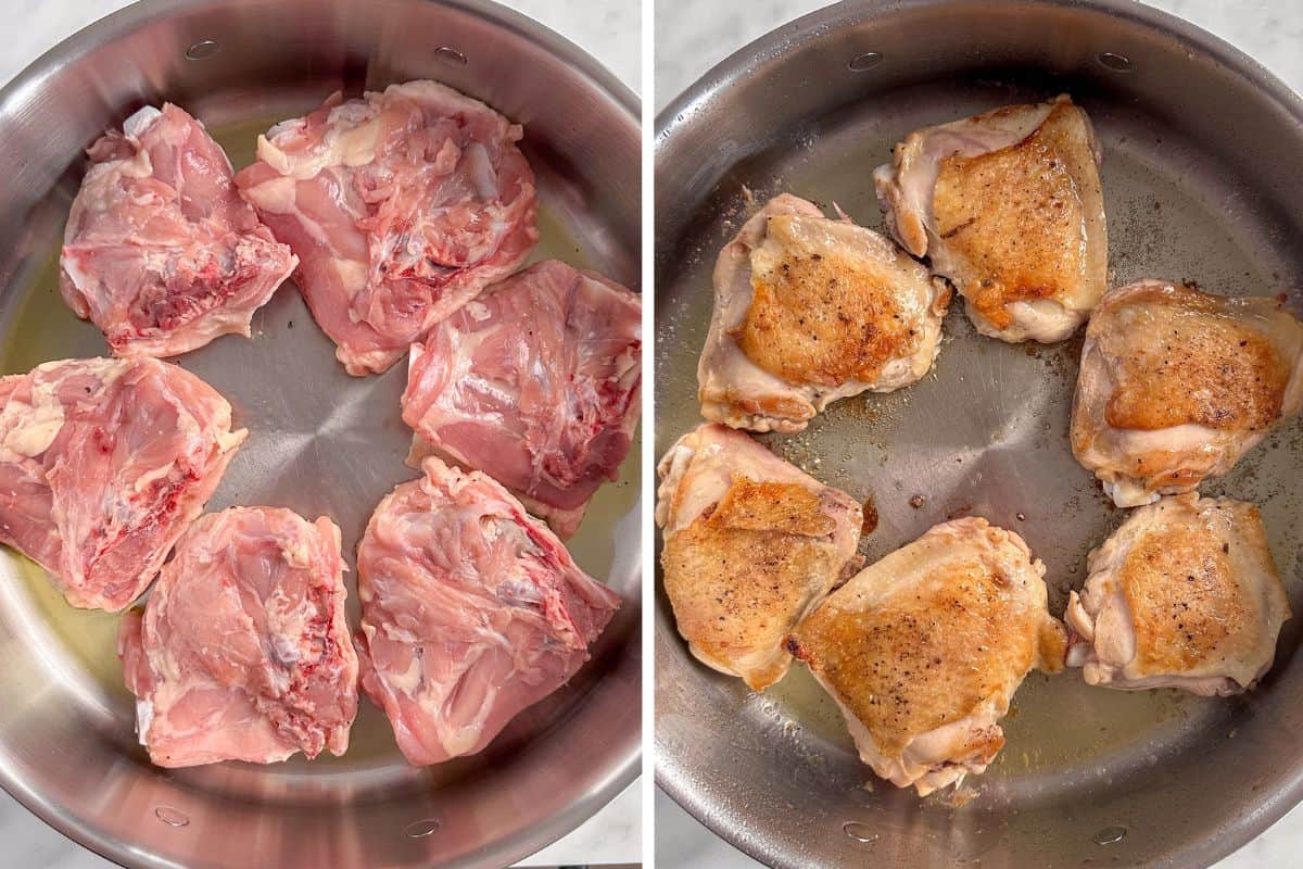 Sear the chicken thighs on both sides.