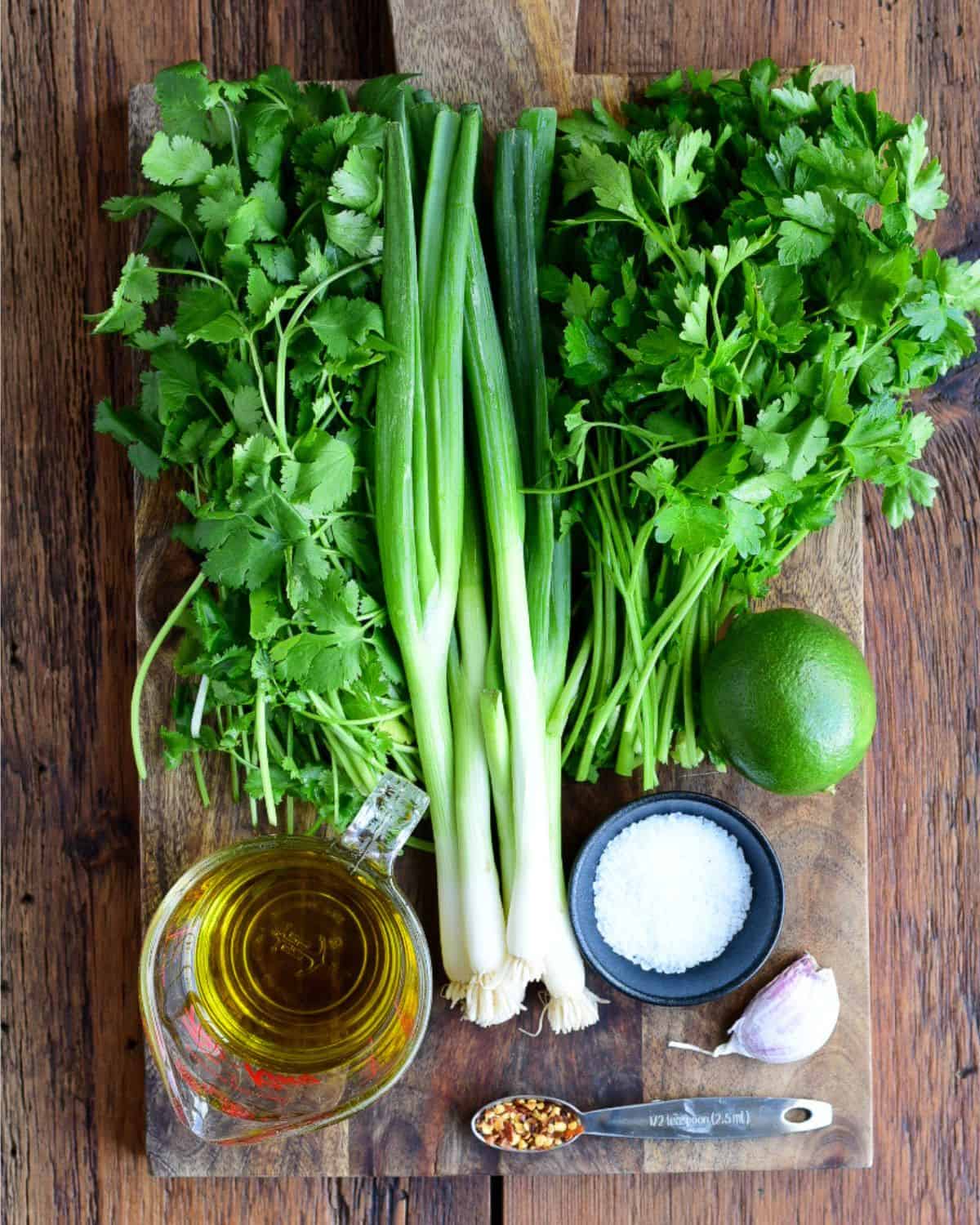 Ingredients for a Charred Scallion Chimichurri recipe.