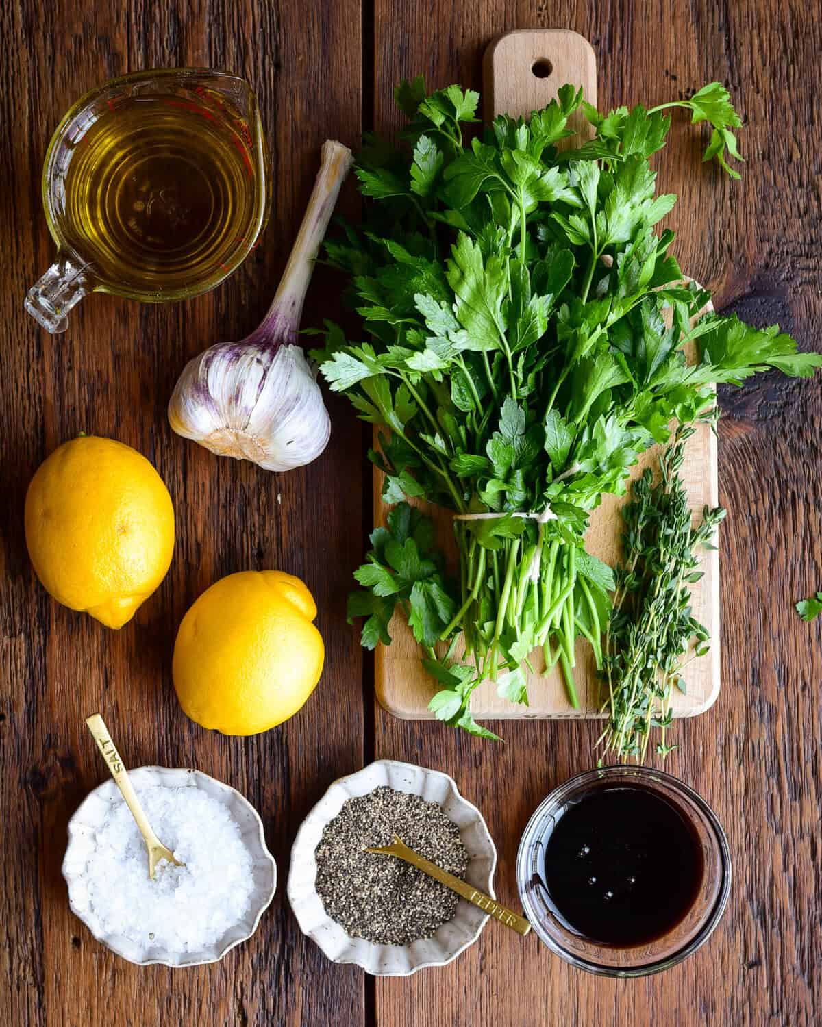 Ingredients for a Herb-Garlic Board Sauce for grilled lamb lollipops.