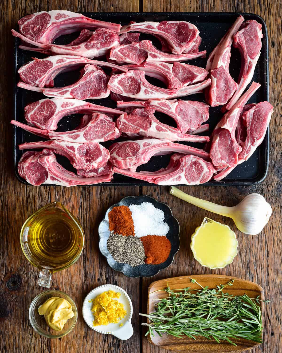 Ingredients for a marinade for grilled lamb lollipops.