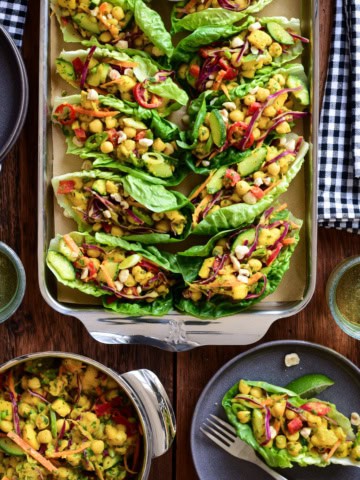 Curried Coconut Chickpea and Mango Salad served in lettuce wraps.