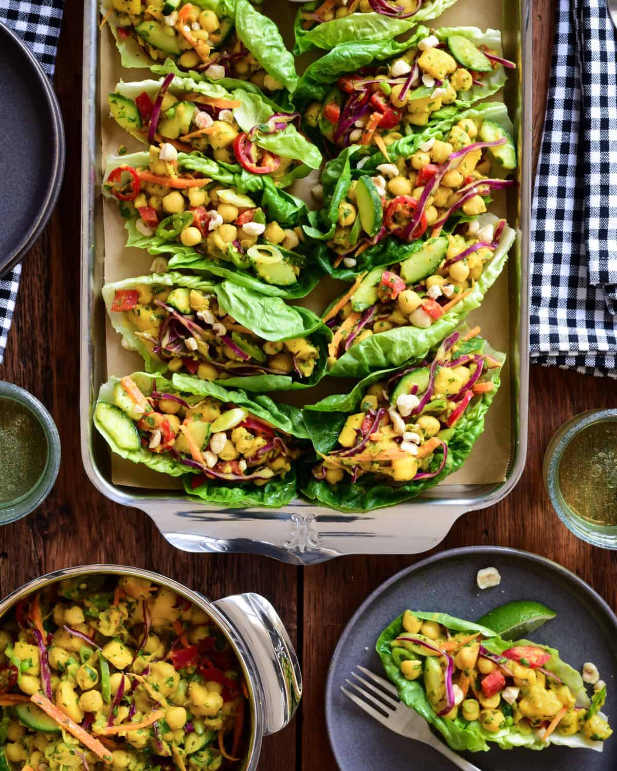 Curried Coconut Chickpea and Mango Salad served in lettuce wraps.