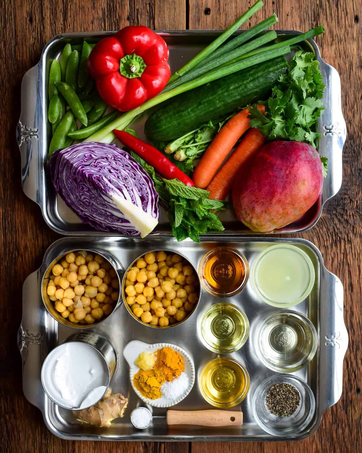 Ingredients for a curried coconut chickpea and mango salad.