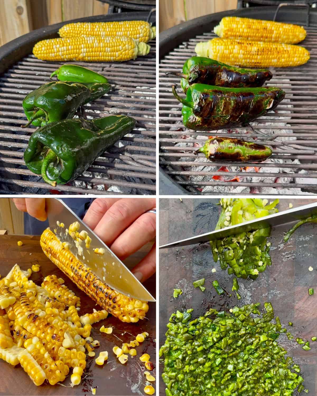 The stages of grilling and cutting peppers and corn on the cob for a corn and poblano dip.