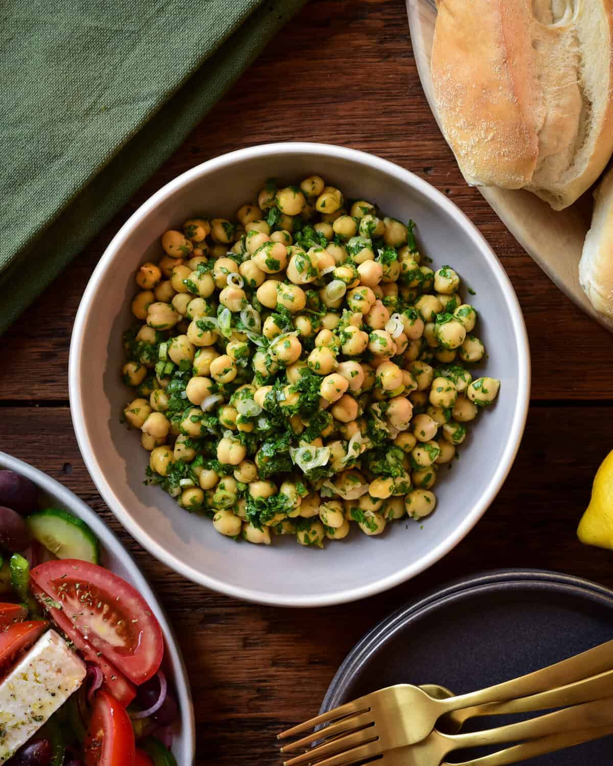 A bowl of chickpea parsley salad.