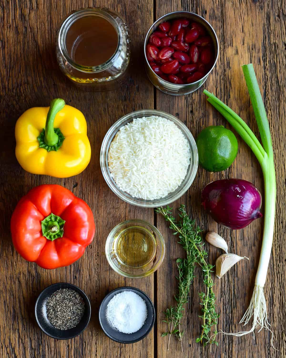 Ingredients for a Caribbean rice and beans recipe.