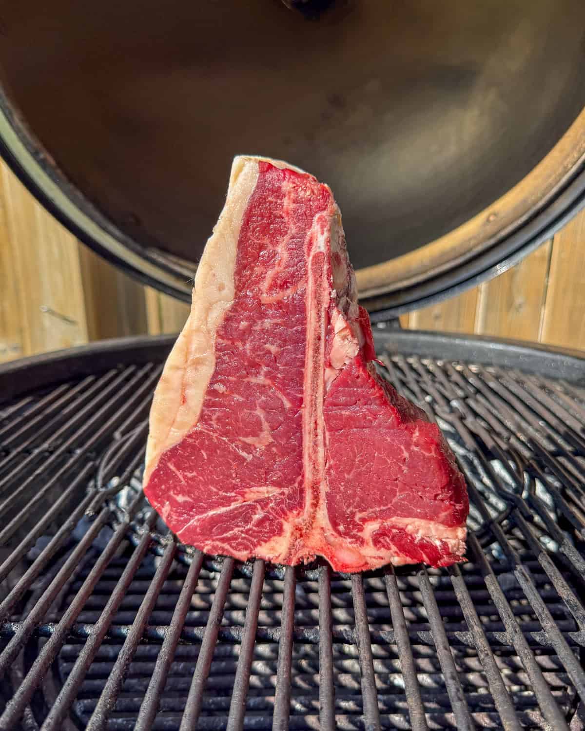 A steak balanced on the t-bone on the indirect side of the grill.