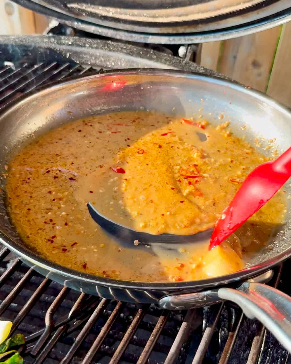 Lemongrass coconut sauce in a skillet.