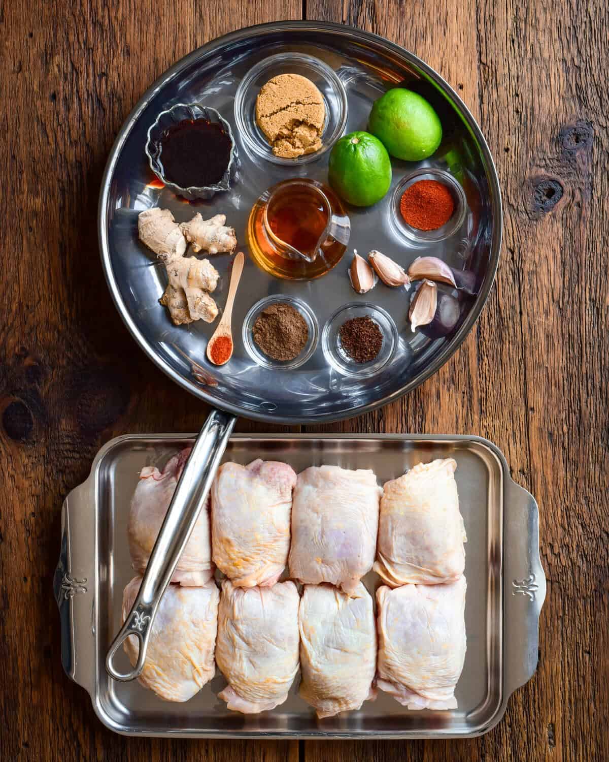 Ingredients for a recipe for sticky chicken thighs.