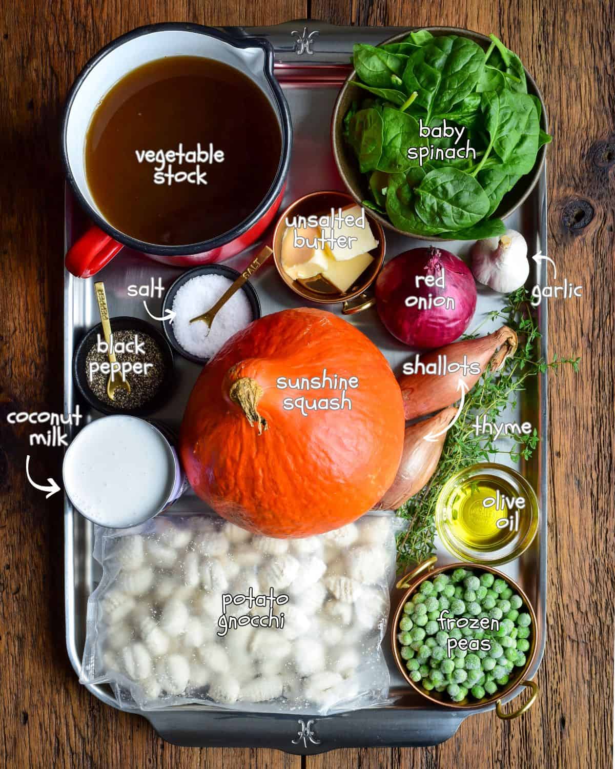 Ingredients for a Sunshine Squash Soup with Gnocchi & Spinach recipe.