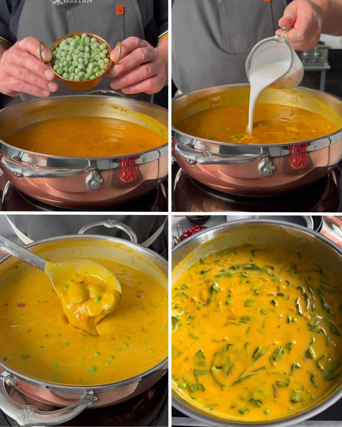 Finish off the squash soup with peas and coconut cream.