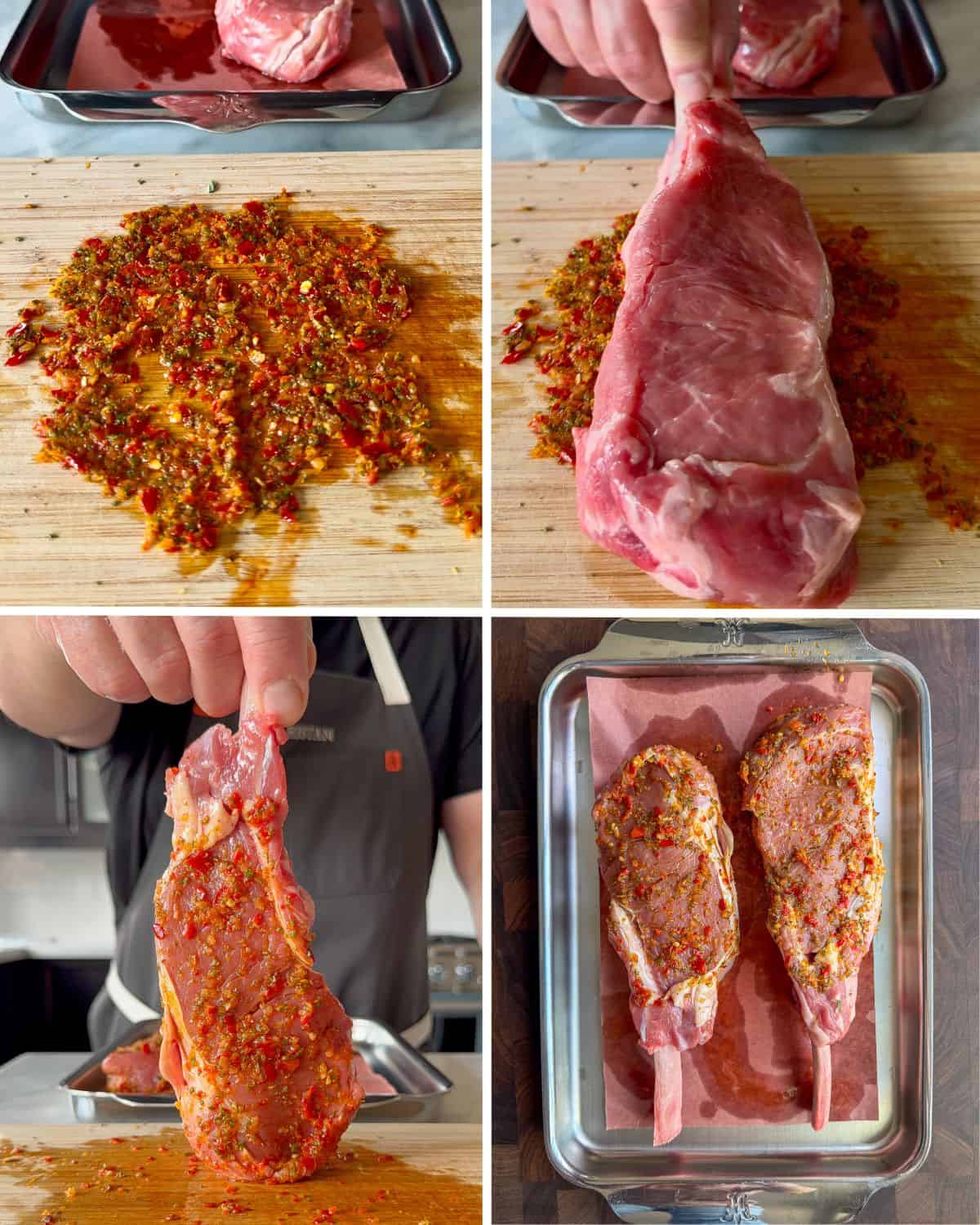 Make the veal chops marinade and coat the chops.