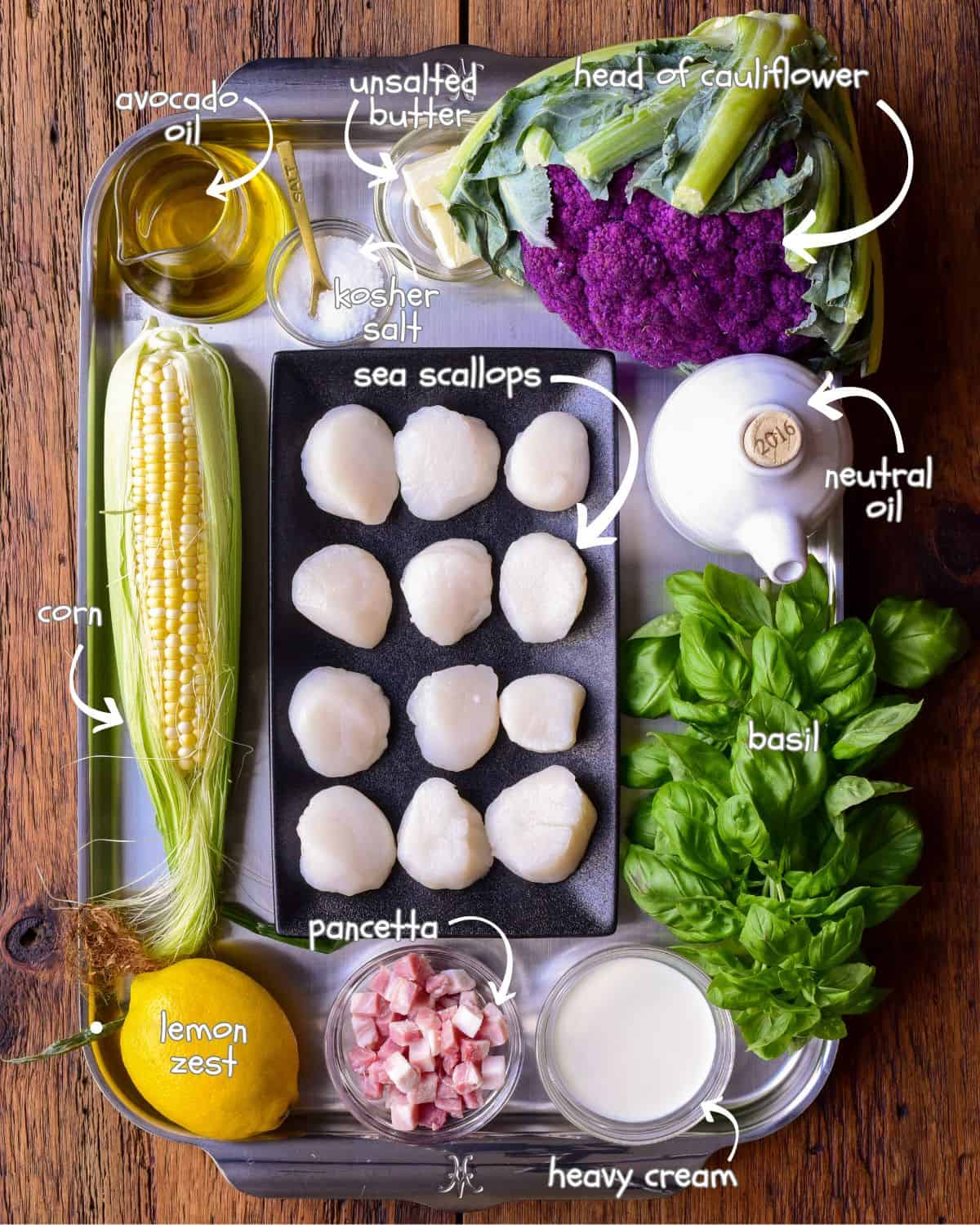 Ingredients for a pan-seared scallops recipe with cauliflower puree.