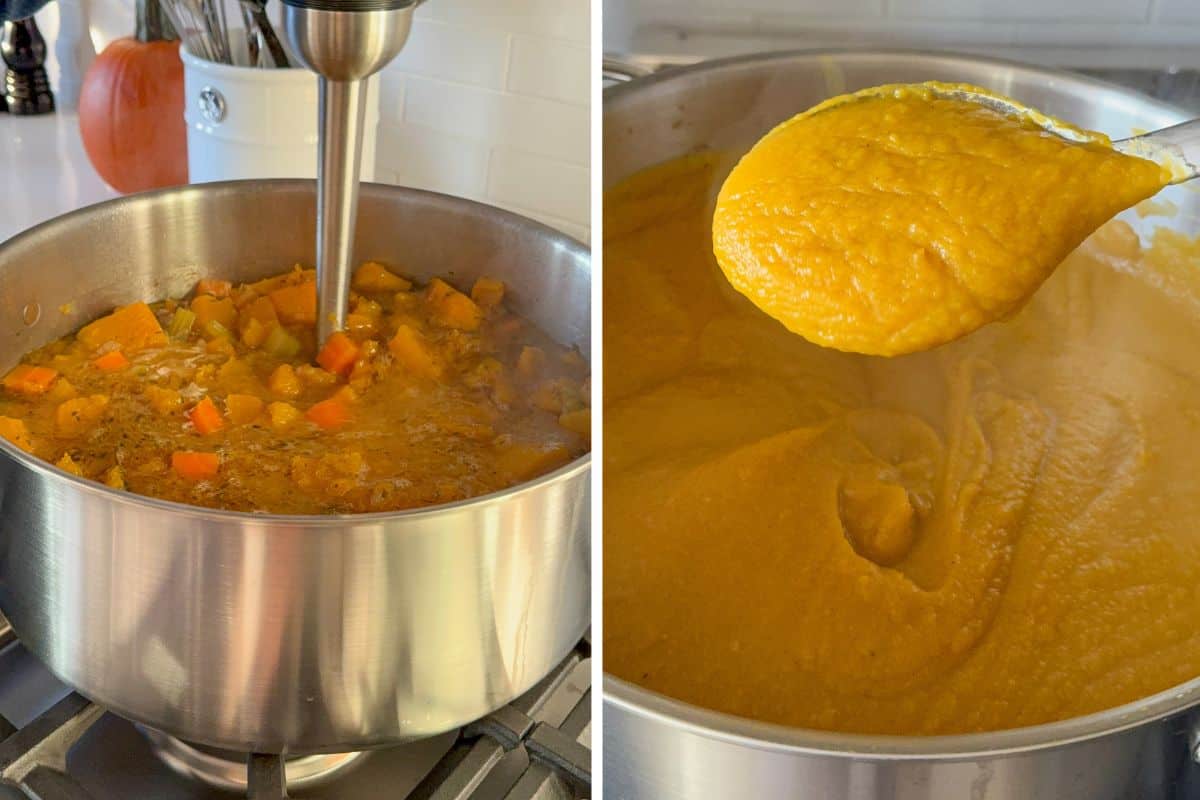 Use an immersion blender to puree the soup.
