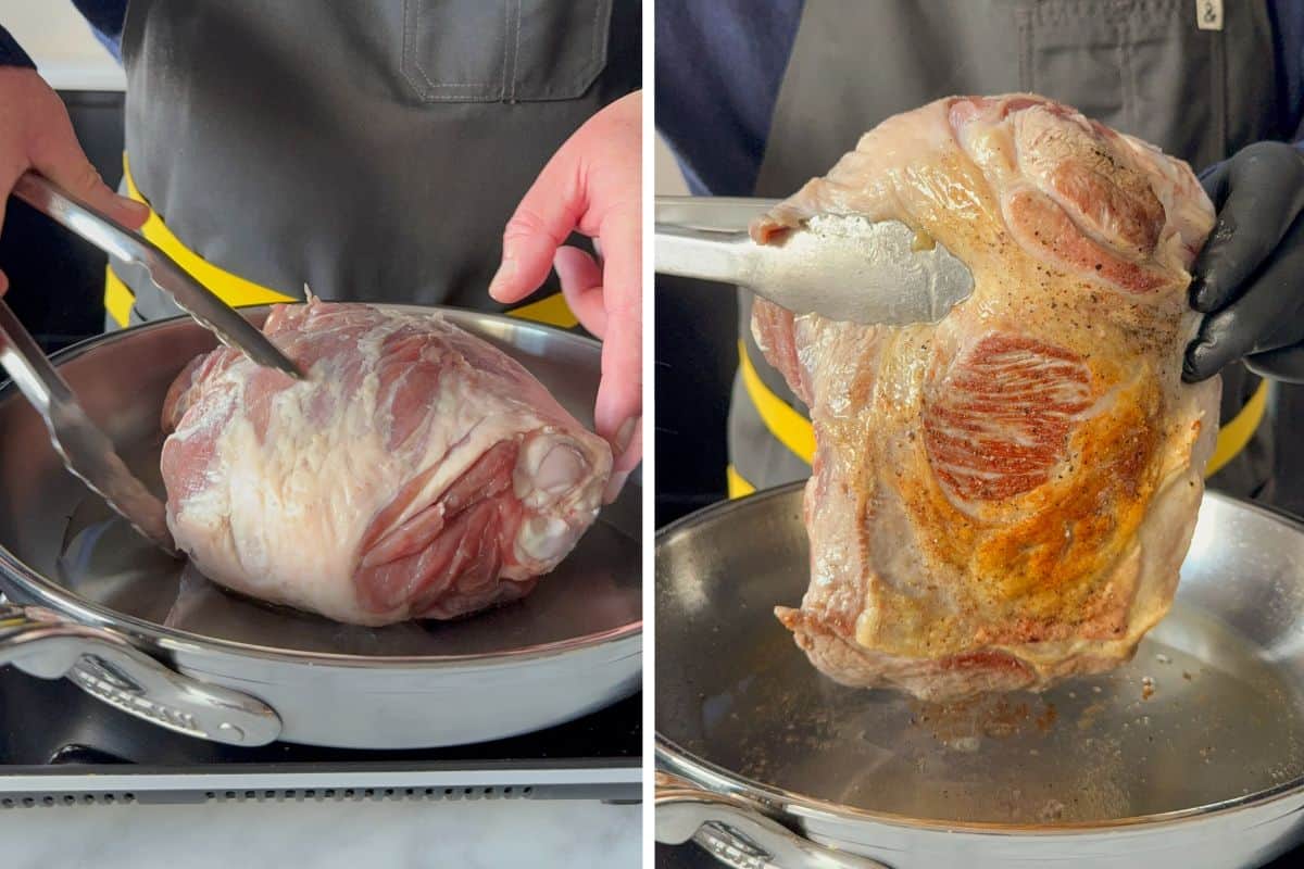 Season and sear the lamb in a hot skillet.