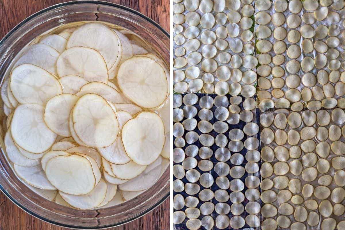 Slice, soak and dry the potatoes.