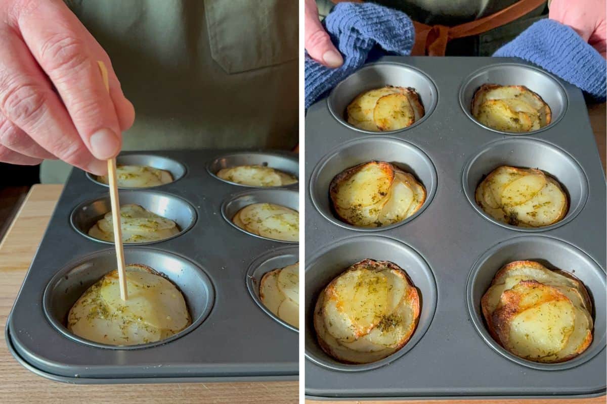 Use a large toothpick to test the doneness of the potato stacks