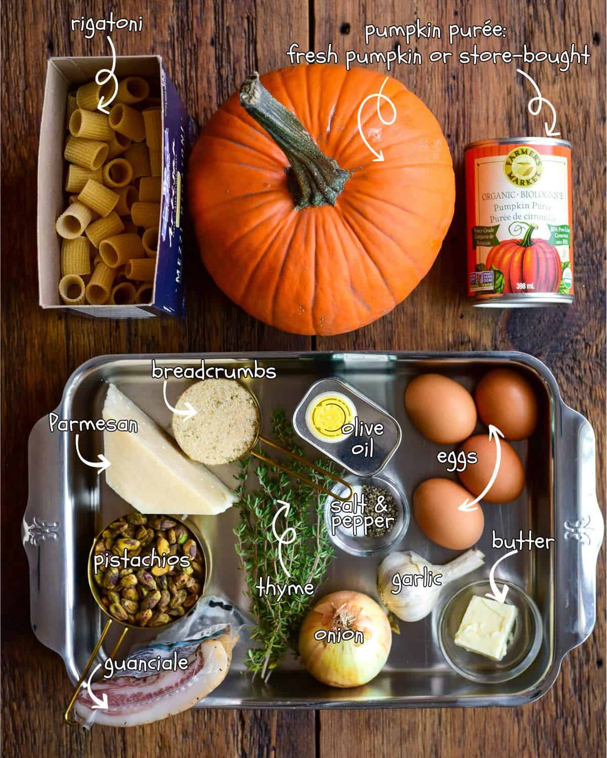 Pumpkin pasta bake ingredients.