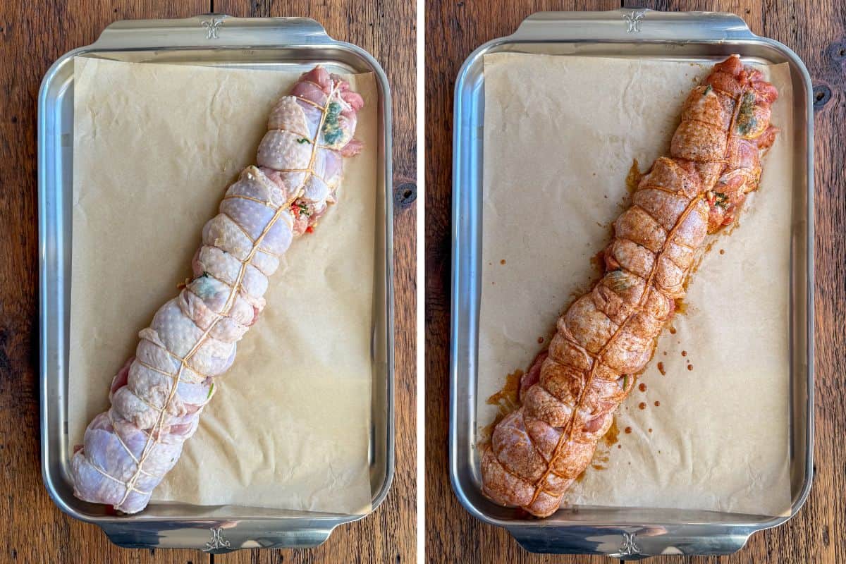 Tie up the turkey thighs and season them before baking.