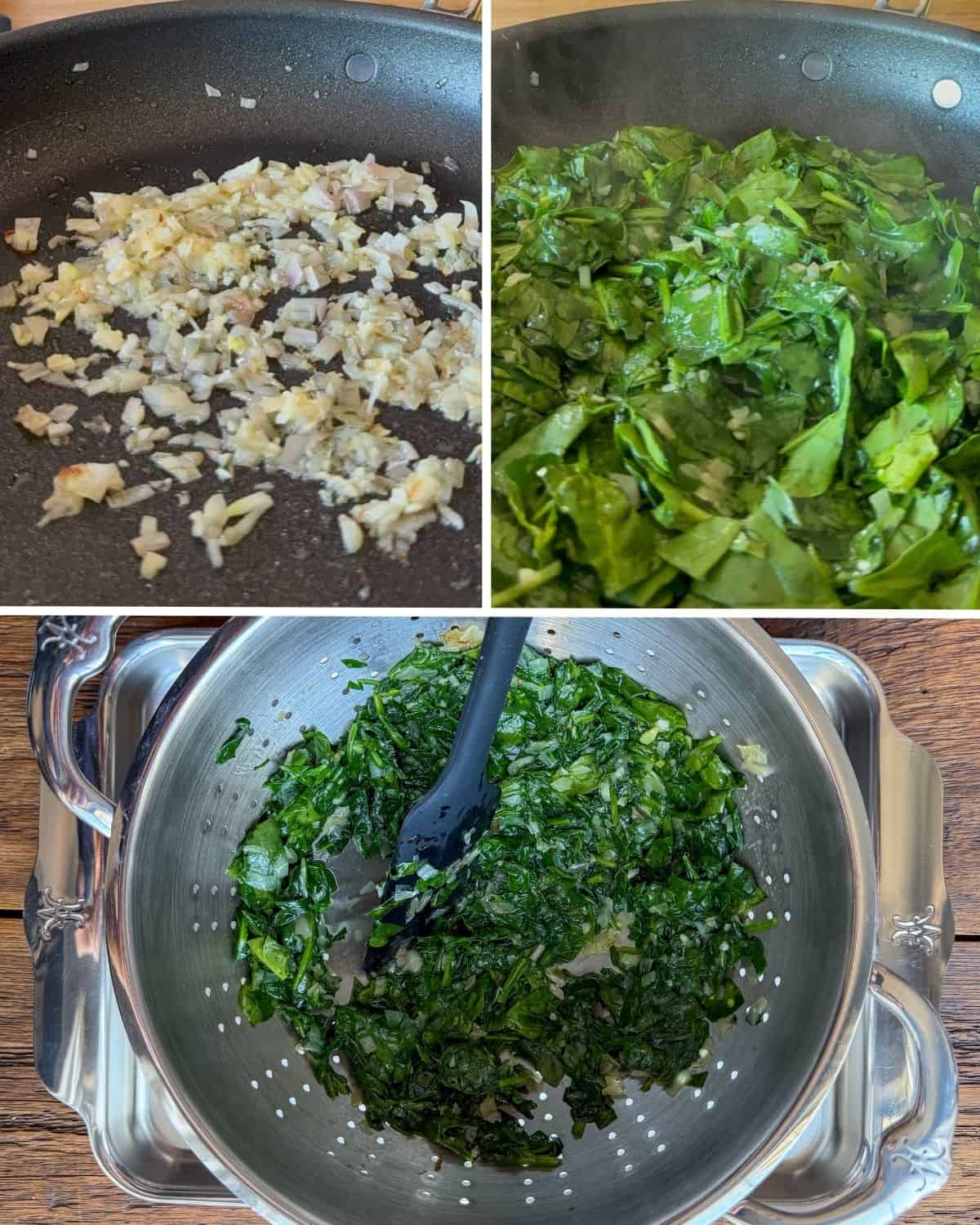 Sauté shallot and garlic until translucent.
Add spinach and cook until wilted.