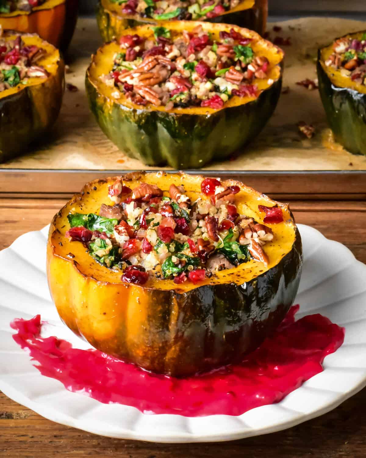 A plated turkey quinoa stuffed acorn squash topped with cranberries, pecans, sitting on a swoosh of cranberry puree.