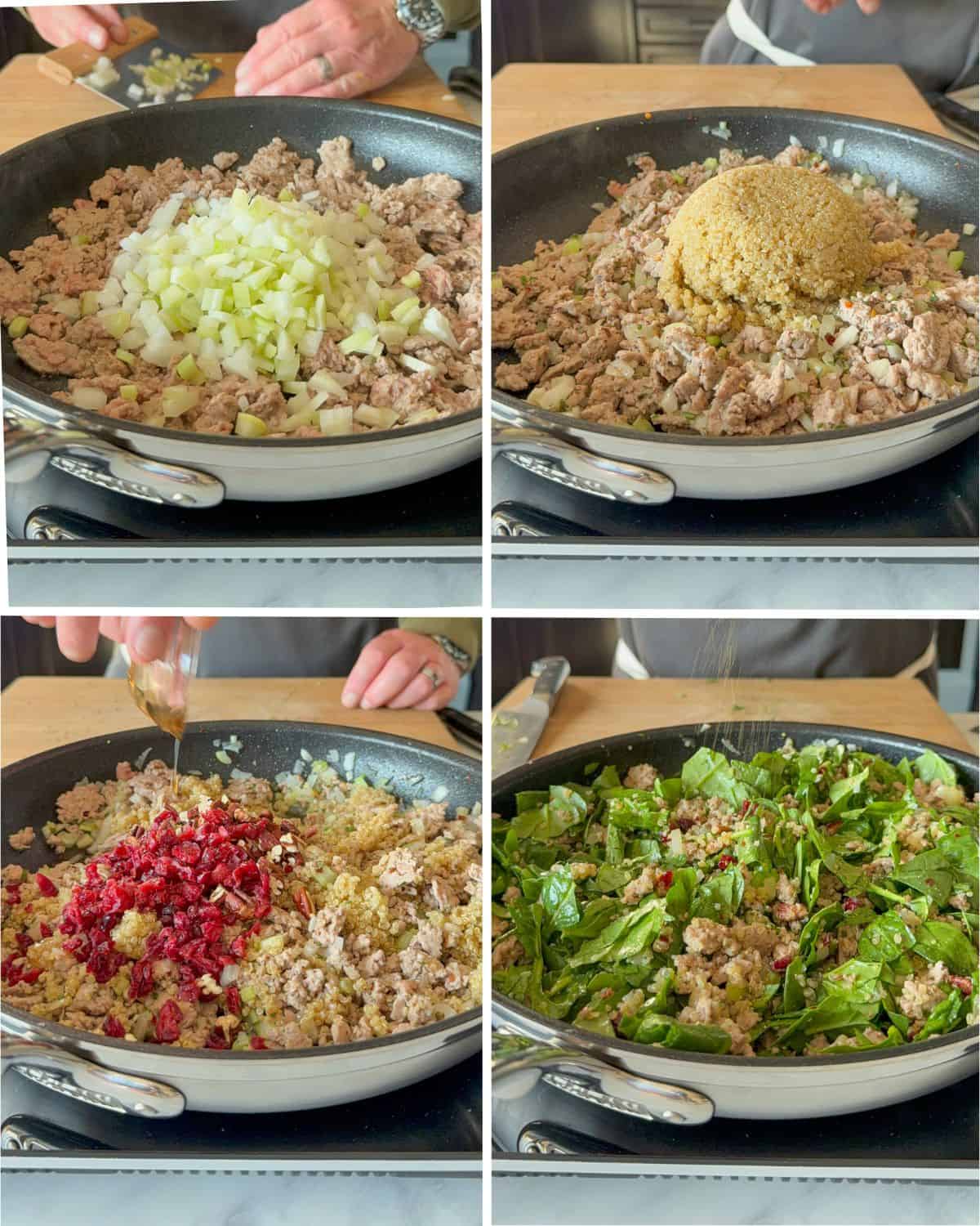 Prepare the turkey quinoa filling with cranberries, pecans and spinach.