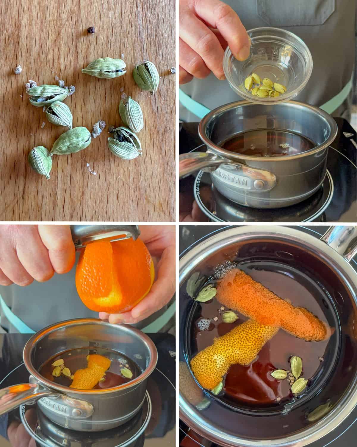 Steps for making the Cardamom-Infused Maple Syrup.