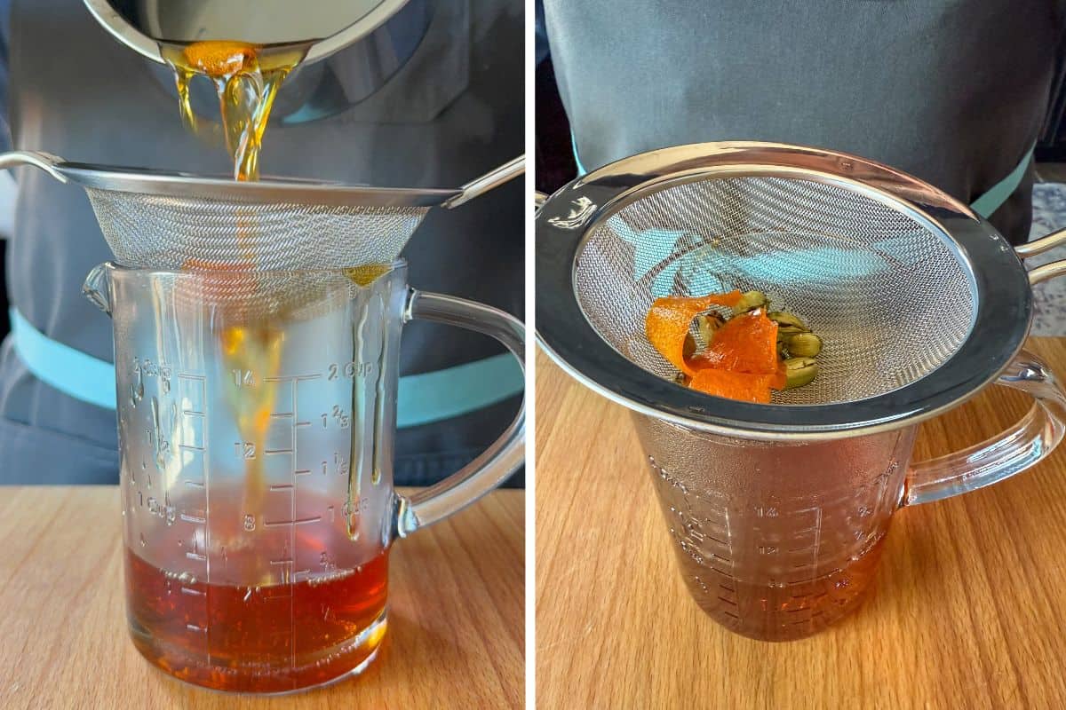 Strain the pods and peels from the syrup.