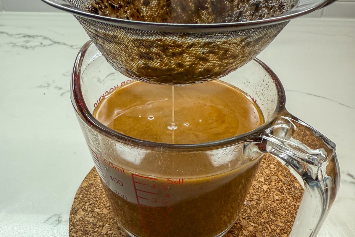 Strain the turkey au jus (pan jus, or pan sauce).