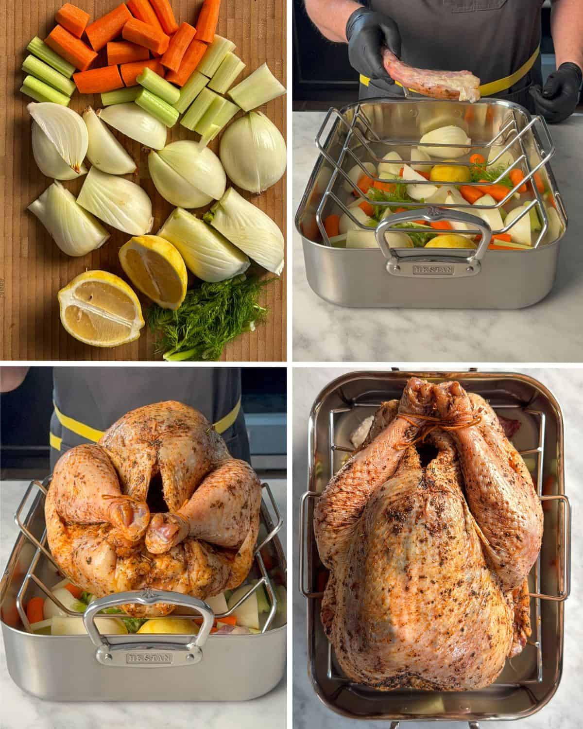 Add the aromatics, extra turkey parts, broth and the turkey to the pan. Truss the turkey.