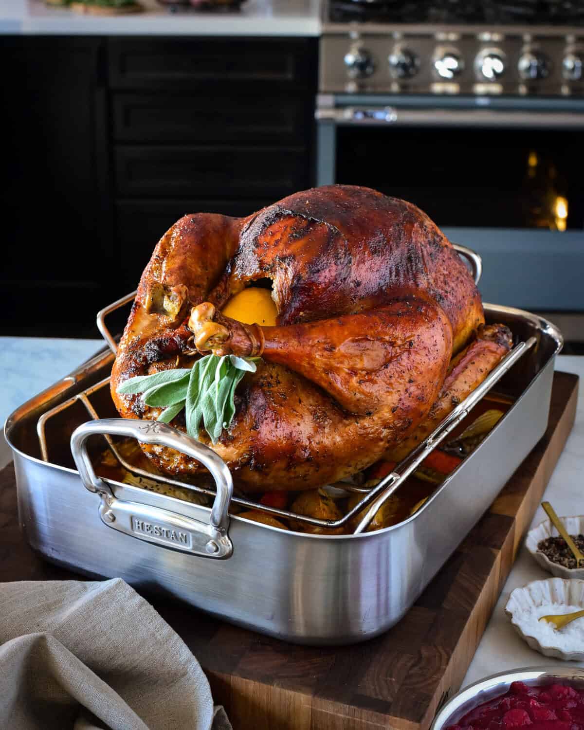 A beautifully roasted Tuscan turkey in a Hestan roaster.