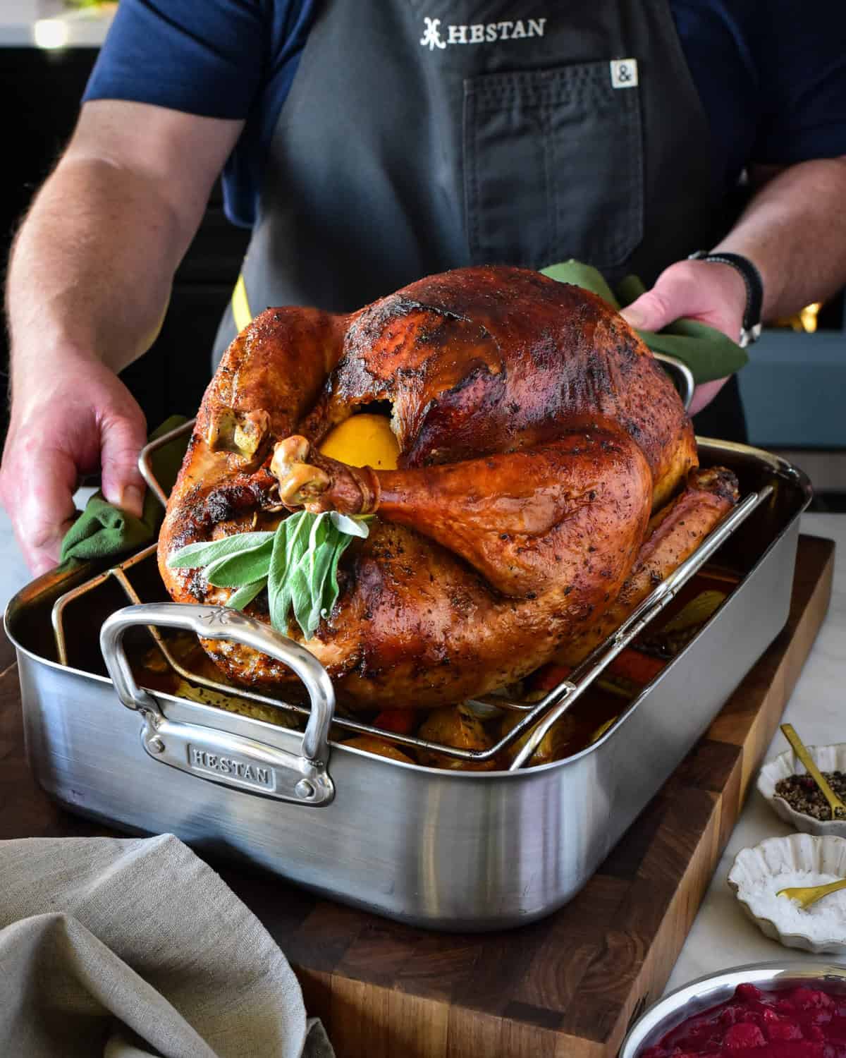 A beautifully roasted Tuscan turkey in a Hestan roaster.