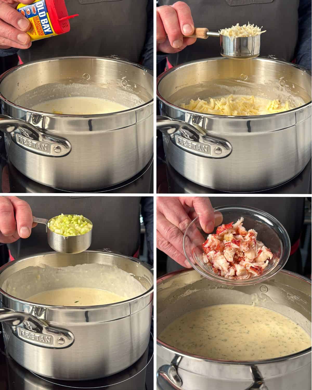 Add the seasoning, cheese and lobster to the cheese sauce.
