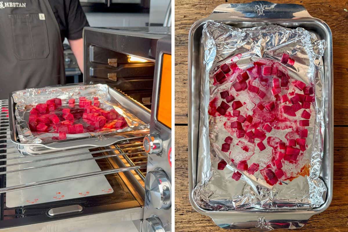 Bake cubed beets on a foil-lined tray.