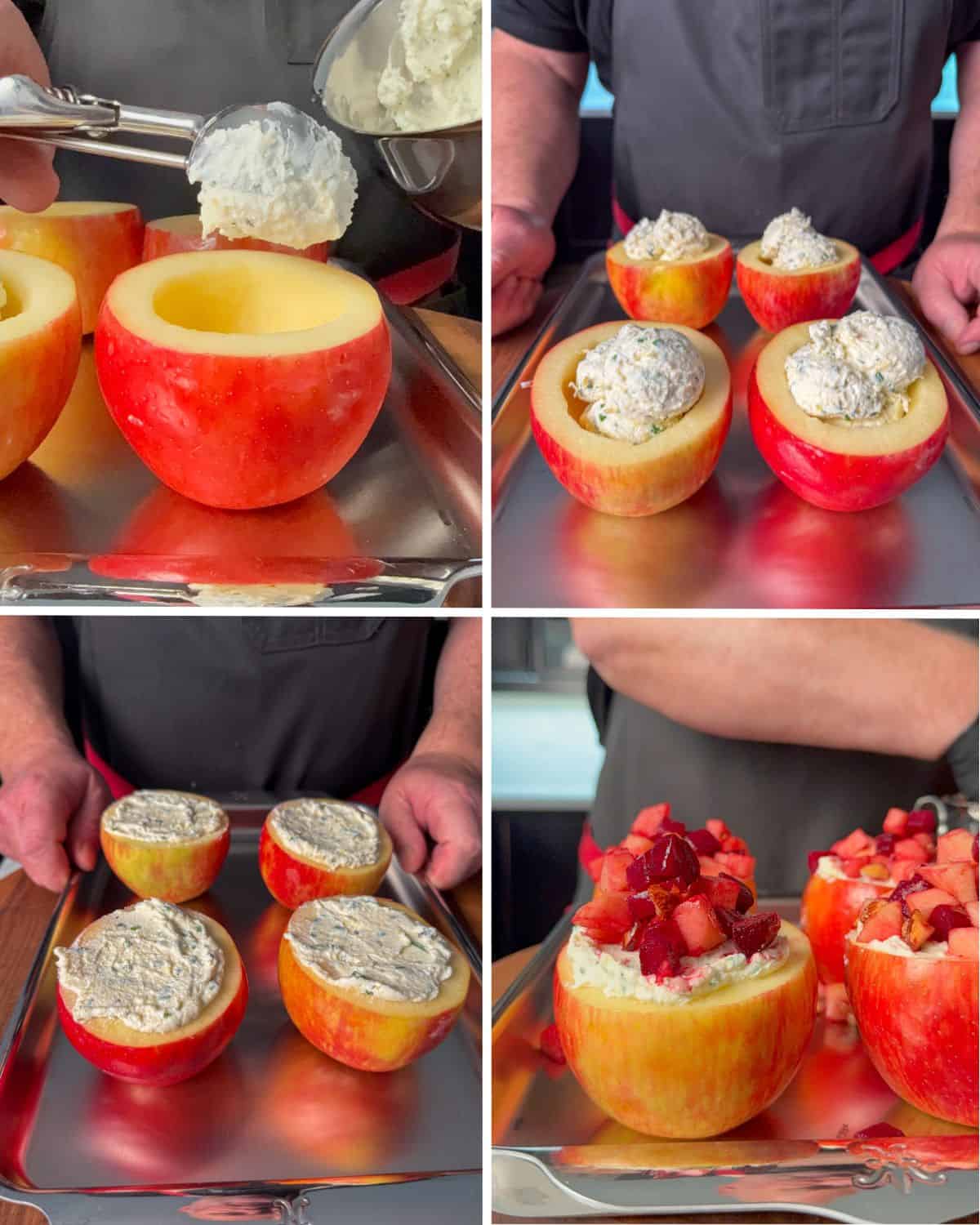 Assembly steps for baked stuffed apples.