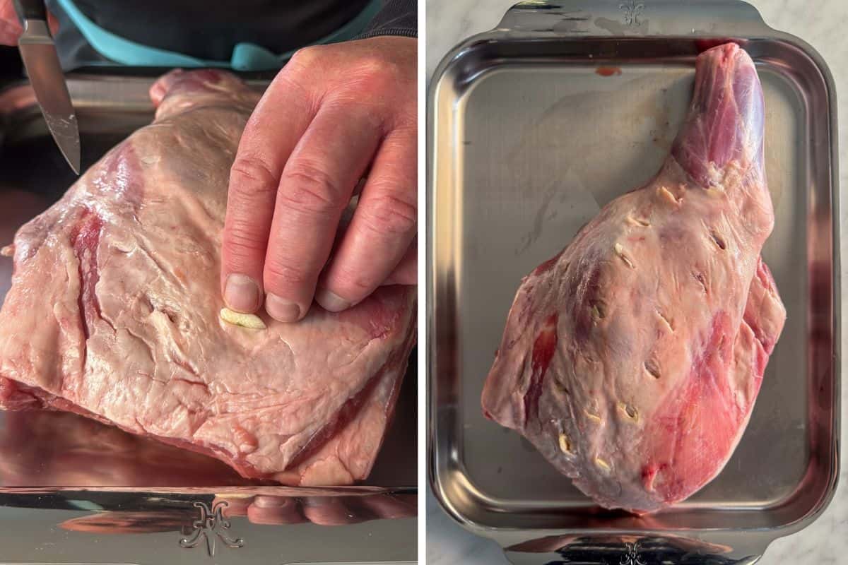 Make small cuts all over the surface and tuck in the garlic slices.