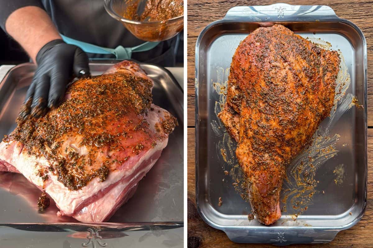 Rub the mixture all over the Greek lamb shoulder.