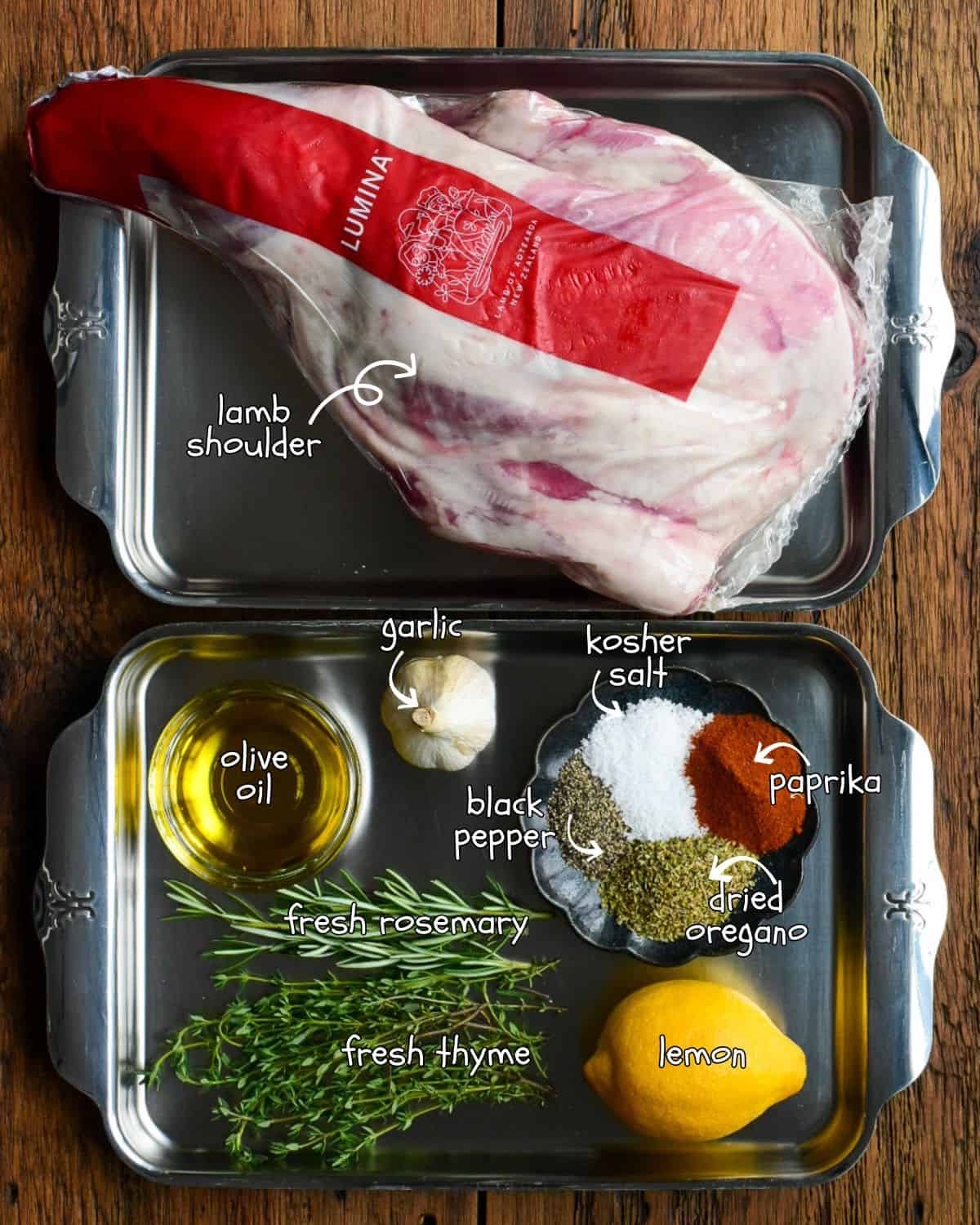 Ingredients for a Greek lamb shoulder recipe.