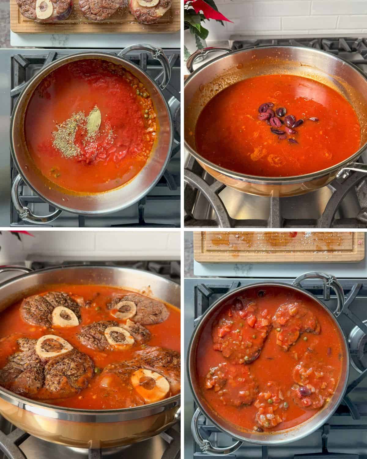 Add the remaining ingredients and nestle the veal osso buco shanks into the braising liquid.