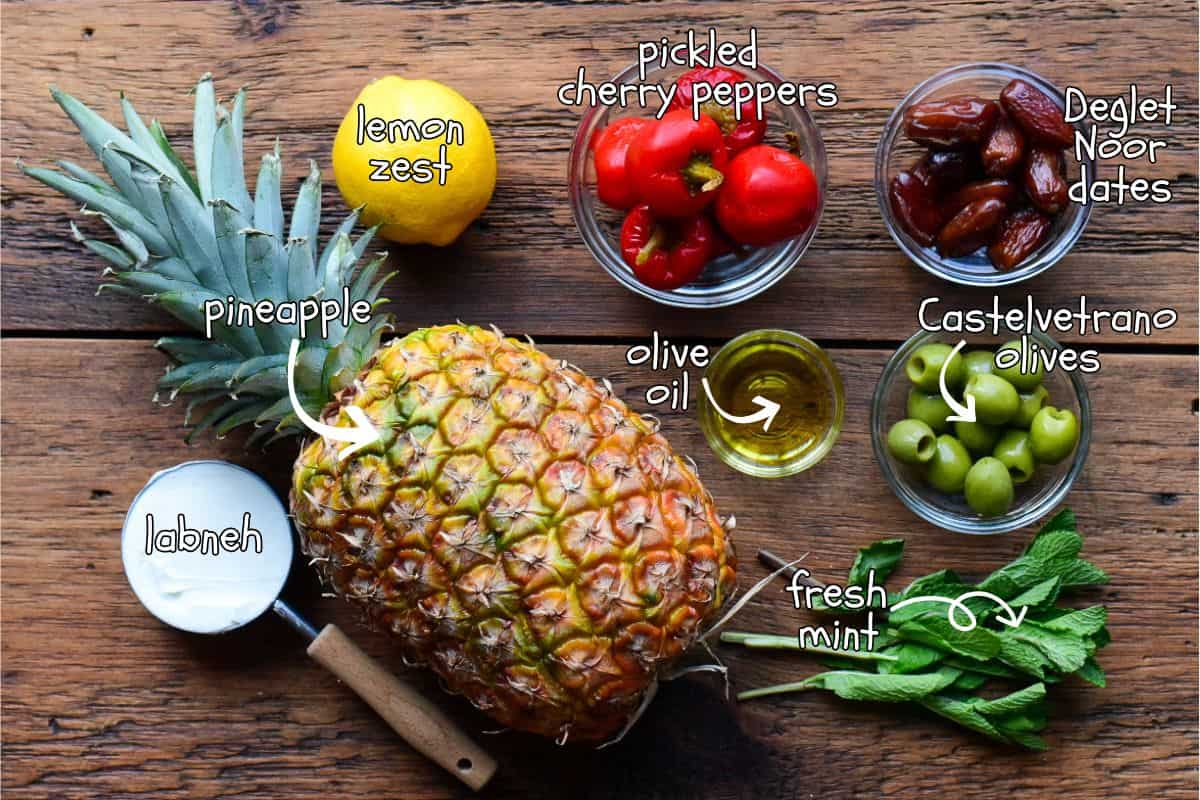 Ingredients for Labneh, Pineapple, Pickled Cherry Peppers & Date Skewers recipe.