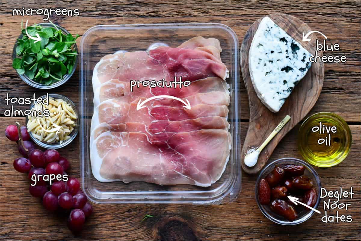 Ingredients for appetizers with dates and blue cheese.