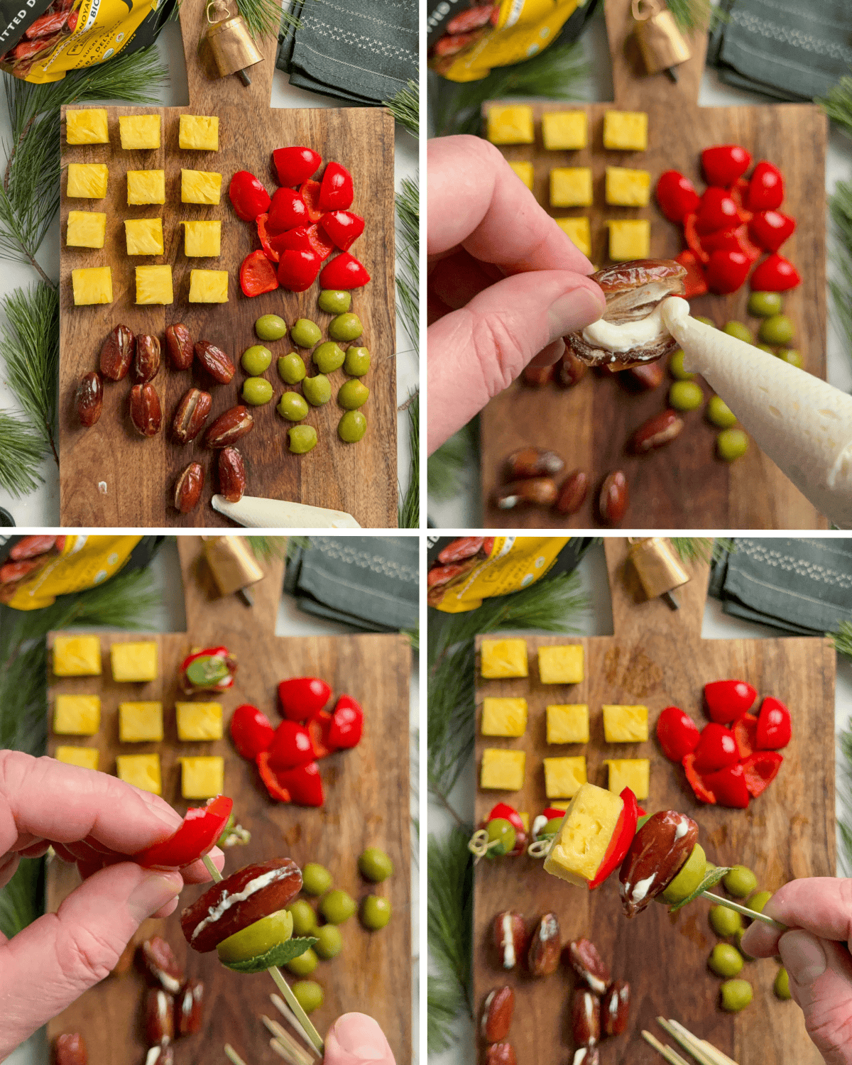 Steps on how to assemble these appetizers with dates, labneh and pineapple.