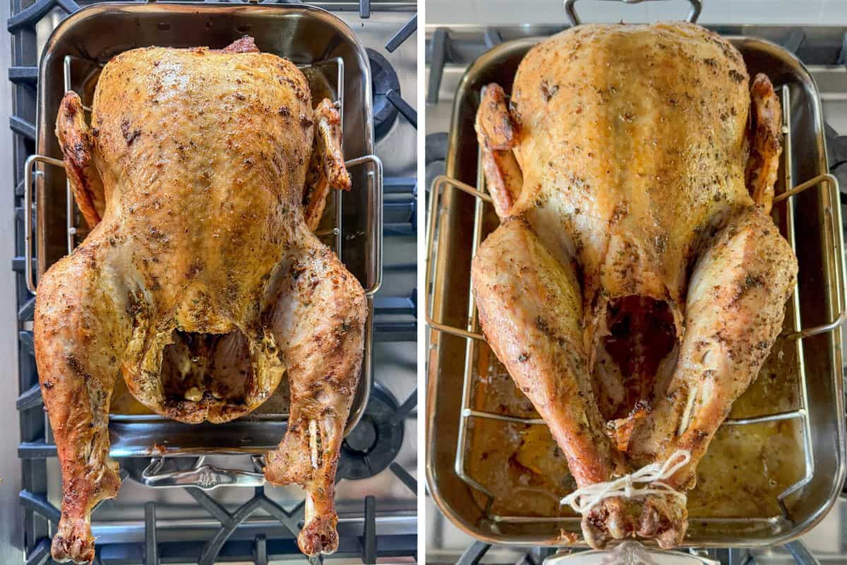 Finish cooking the turkey breast side up, and tie the legs.