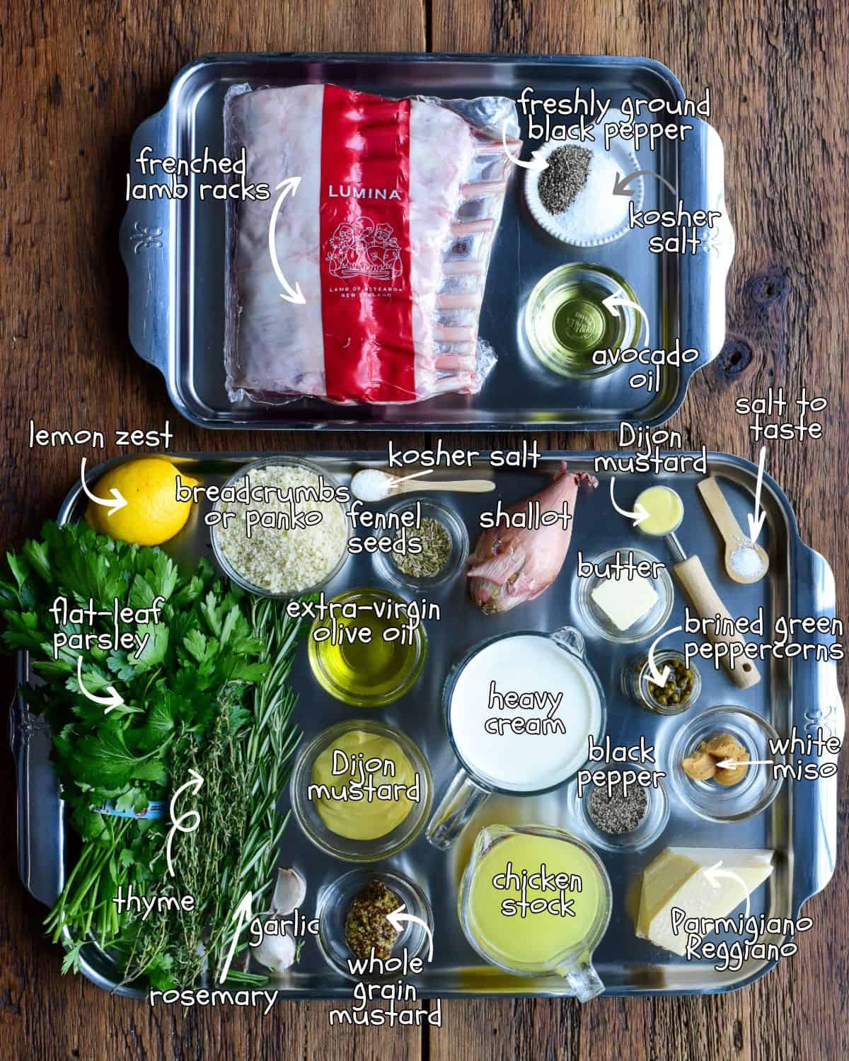 Ingredients for a rack of lamb recipe and green peppercorn sauce.