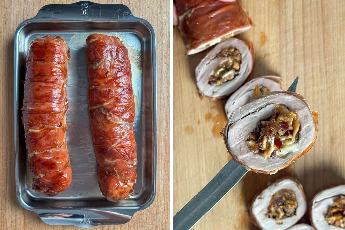 Slice the Brie stuffed pork tenderloin.