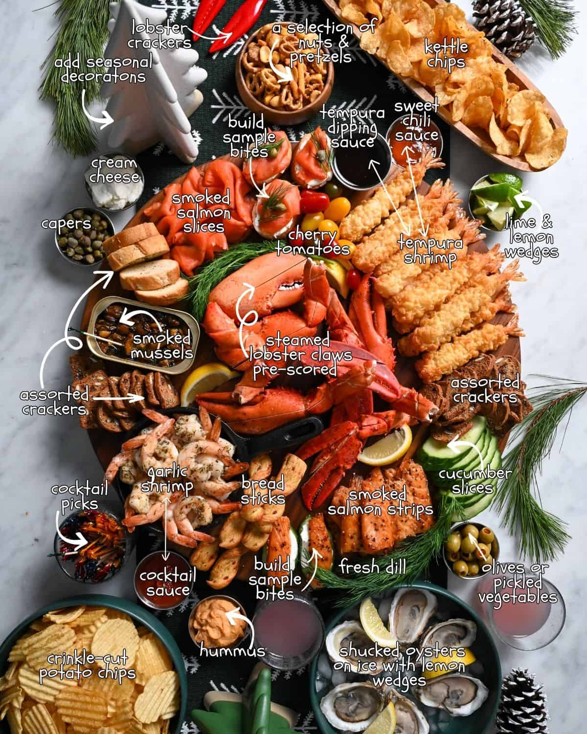 A colorful and labelled SeaCuterie board with various seafood selections, dipping sauces, and fresh garnishes.