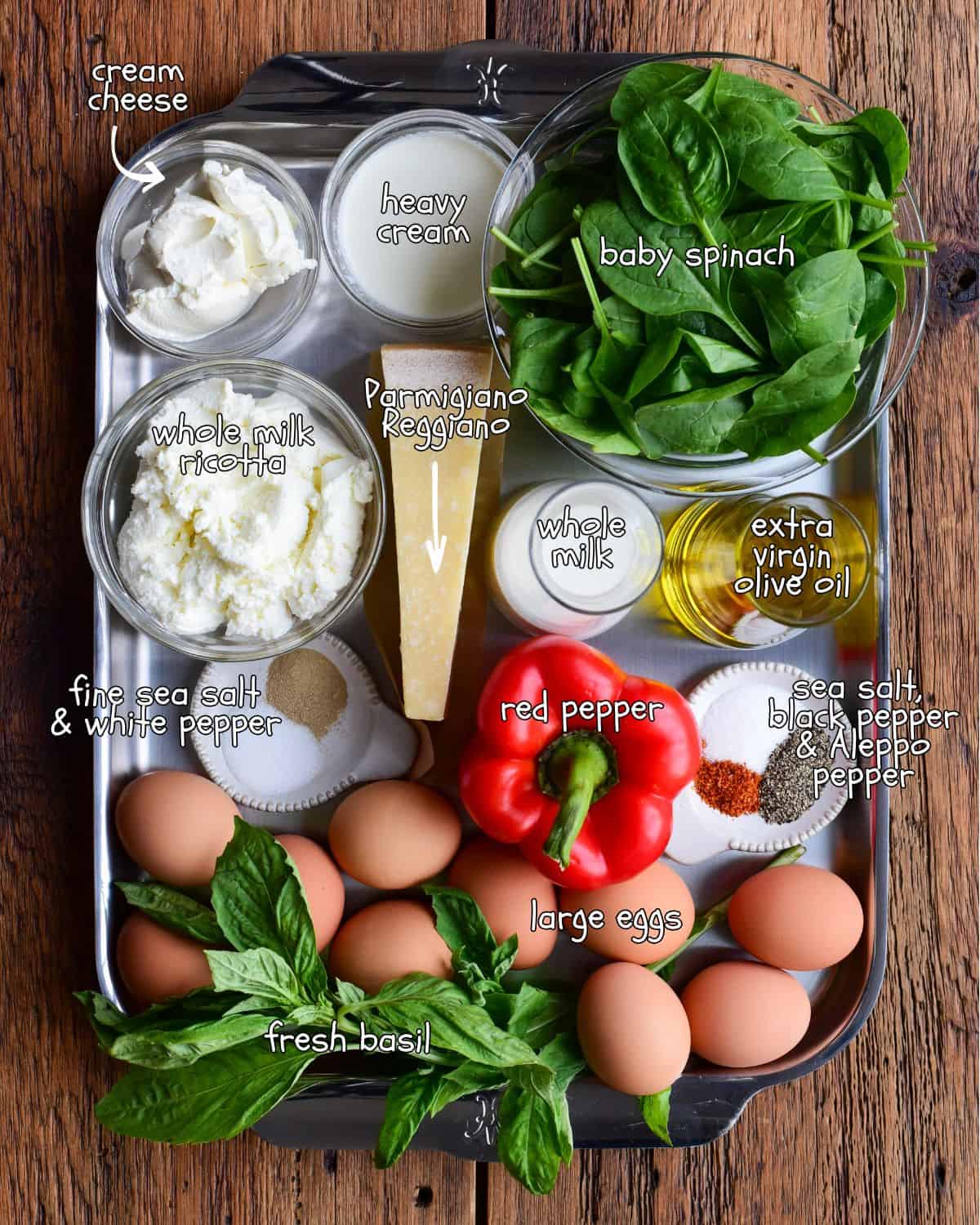 Ingredients for a sheet pan eggs recipe.